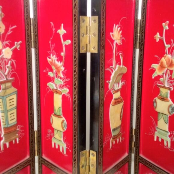 Asian Laquer Ware Stone Inlaid Table Top Folding Screen - Picture 3 of 4
